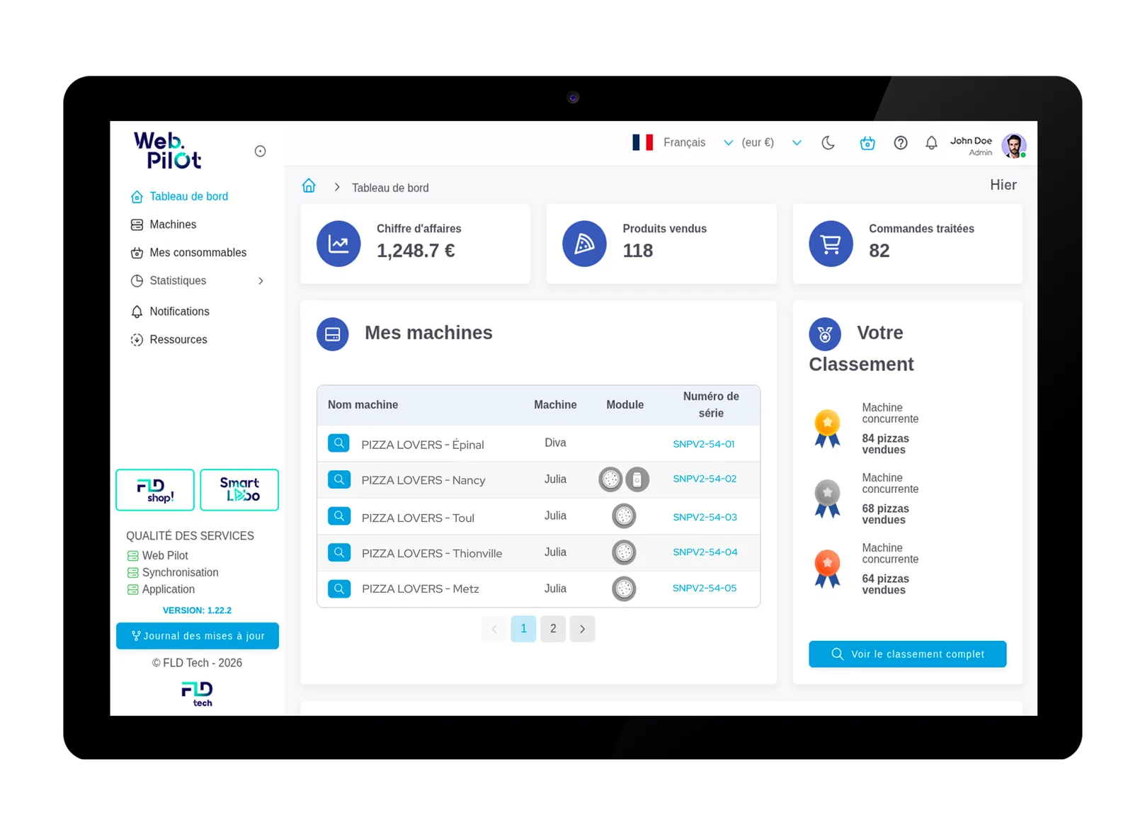 Interface du logiciel Web Pilot de gestion à distance